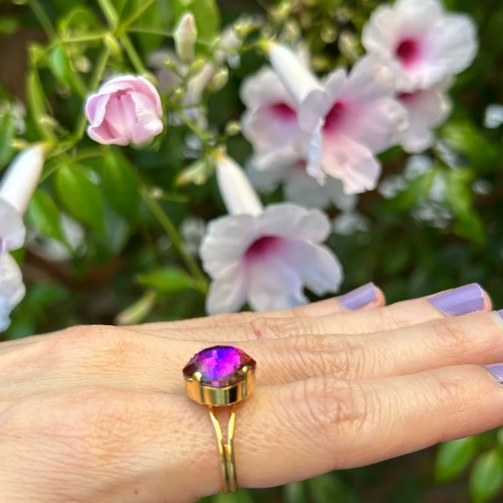 Violet Pink + Gold Cushion Cut Crystal Ring